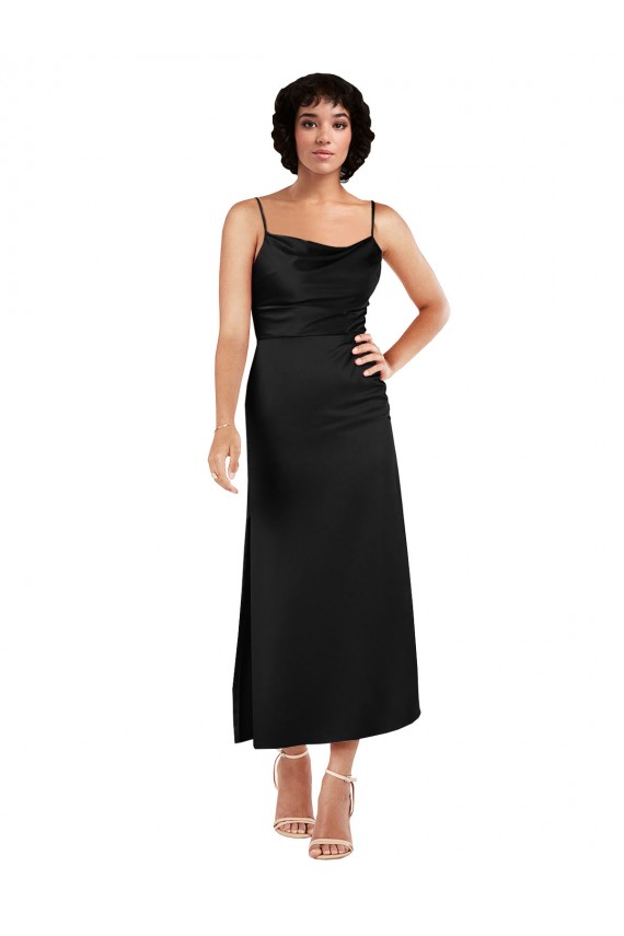 Cowl Neck Tea-Length Short Silky Satin Cocktail Prom Dress / Homecoming Dress with Skirt Slit