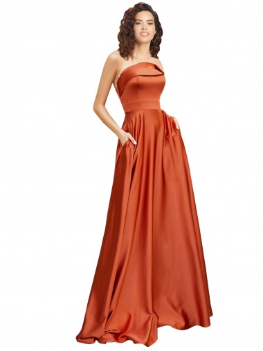 Buy Strapless Sweep Train Silky Satin Prom Dress with Pleats UK