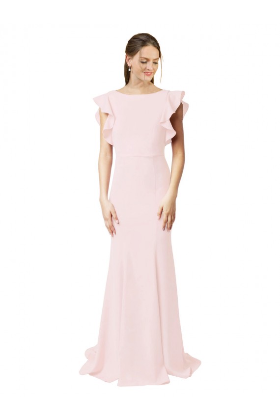 Low V-Back Long Mermaid Crepe Prom Dress with Ruffled Sleeves