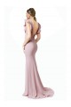 Low V-Back Long Mermaid Crepe Prom Dress with Ruffled Sleeves