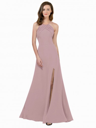 Buy High Neck Crepe Prom Dress with Pleats and Keyhole Back UK