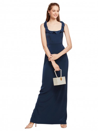 Buy Scoop Neck with Ruffles Long Crepe Prom Dress with Back Slit UK