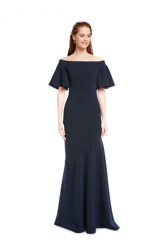 Off the Shoulder Crepe Prom Dress with Short Ruffle Sleeves.