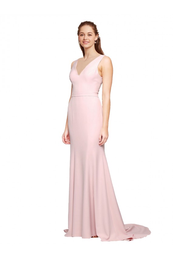 Deep V-Neckline and Back Long Sweep Train Crepe Prom Dress with Shoulder Straps