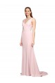 Deep V-Neckline and Back Long Sweep Train Crepe Prom Dress with Shoulder Straps