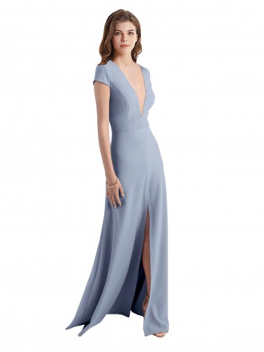 Buy Plunging V-Neck Cap Sleeves Stretch Crepe Prom Dress with Front Slit UK