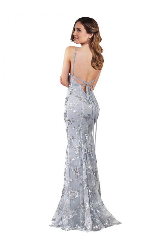 Silver V-Neckline Backless Floral Patterned Sequin Prom Dress