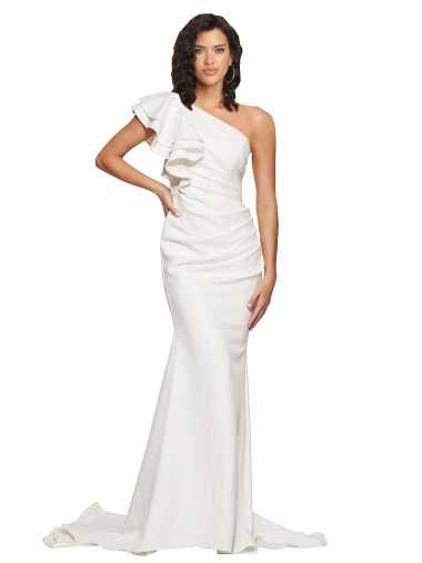 Buy Ruched Long Sweep Train Crepe Prom Dress with Shoulder Ruffles UK