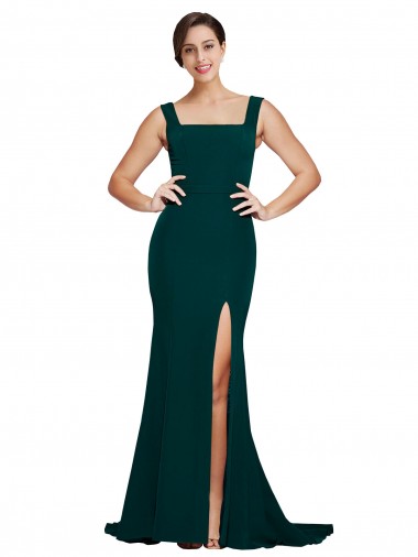 Buy Fitted Square Neck Long Crepe Prom Dress with Train and Side Split UK