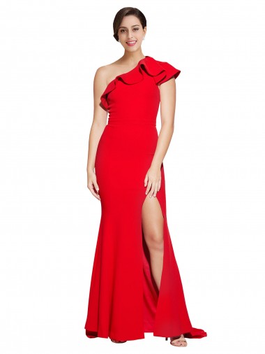 Buy One Shoulder Long Sweep Train Crepe Prom Dress with Thigh High Split UK