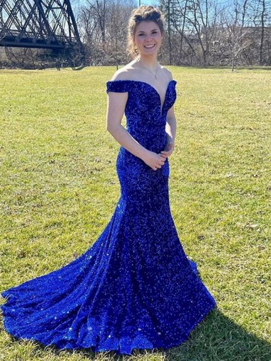 Buy Off the Shoulder Sleeveless Long Sweep Train Velvet Sequin Prom Dress UK