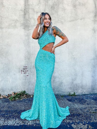 Buy Mermaid One Shoulder Sleeveless Long Sweep Train Velvet Sequin Prom Dress UK