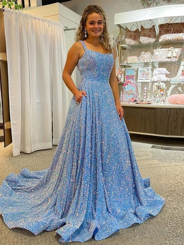 Buy A-Line Scoop Sleeveless Long Court Train Velvet Sequin Prom Dress UK