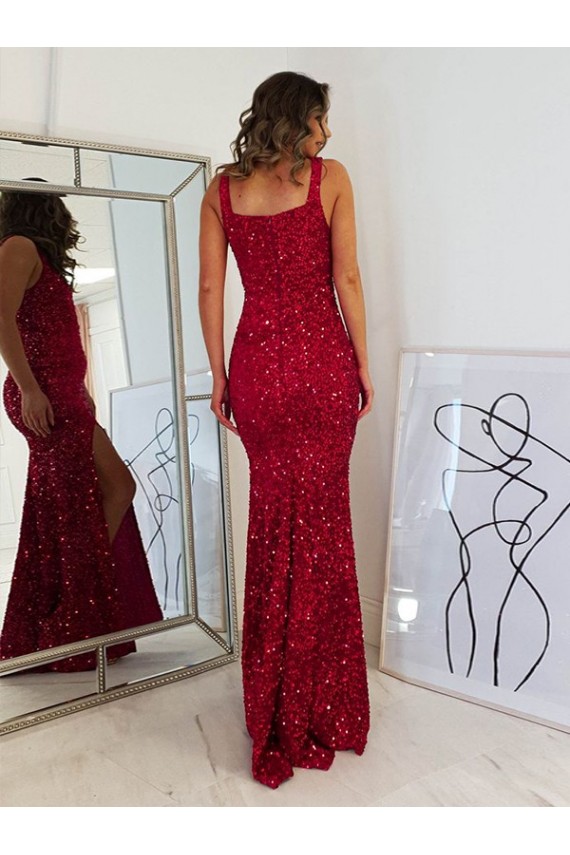 Square Neck Sleeveless Long Velvet Sequin Prom Dress with Slit