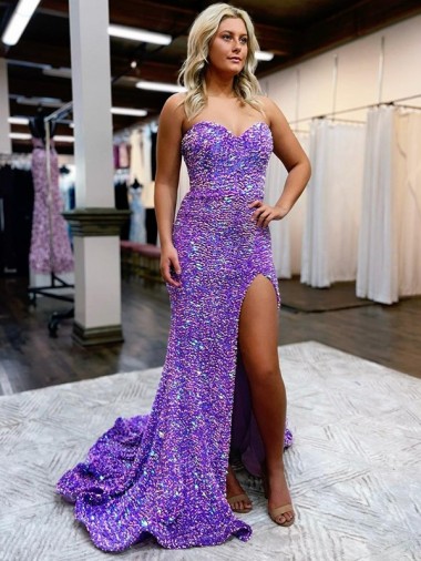 Buy A-Line Sweetheart Sleeveless Long Velvet Sequin Prom Dress with Slit UK