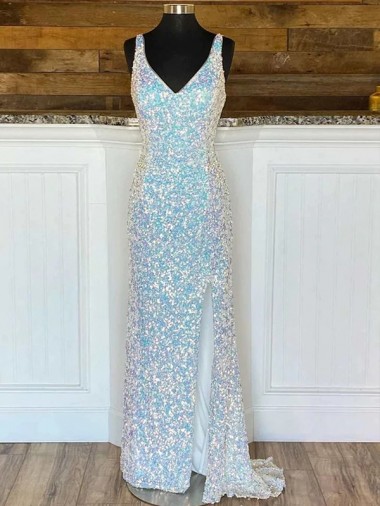Buy V-Neck Sleeveless Long Sweep Train Velvet Sequin Prom Dress UK
