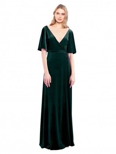 Buy Deep V-Neck Flutter Sleeves Long Velvet Wrap Prom Dress UK