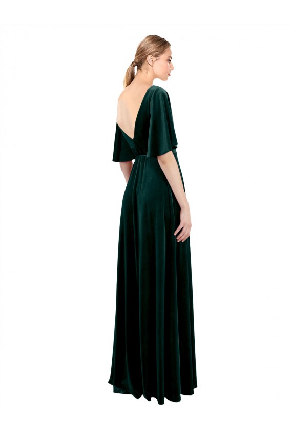 Deep V-Neck Flutter Sleeves Long Velvet Wrap Prom Dress