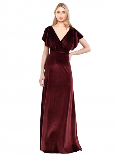 Buy Flutter Sleeves Open Back Long Velvet Prom Dress UK