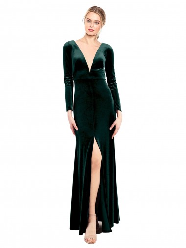 Buy Plunging V-Neckline Long Sleeves Open Back Velvet Prom Dress UK