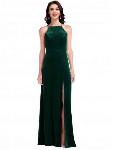 Buy Velvet Halter Maxi Prom Dress with Front Slit & Pockets UK