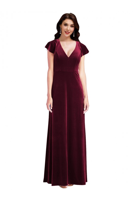 Flutter Sleeve Velvet Maxi Prom Dress with Pockets