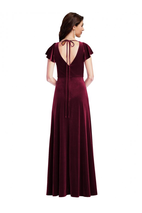 Flutter Sleeve Velvet Maxi Prom Dress with Pockets
