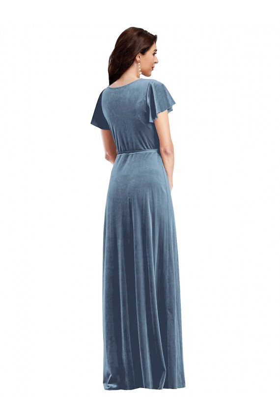Flutter Sleeve Velvet Wrap Maxi Prom Dress with Pockets