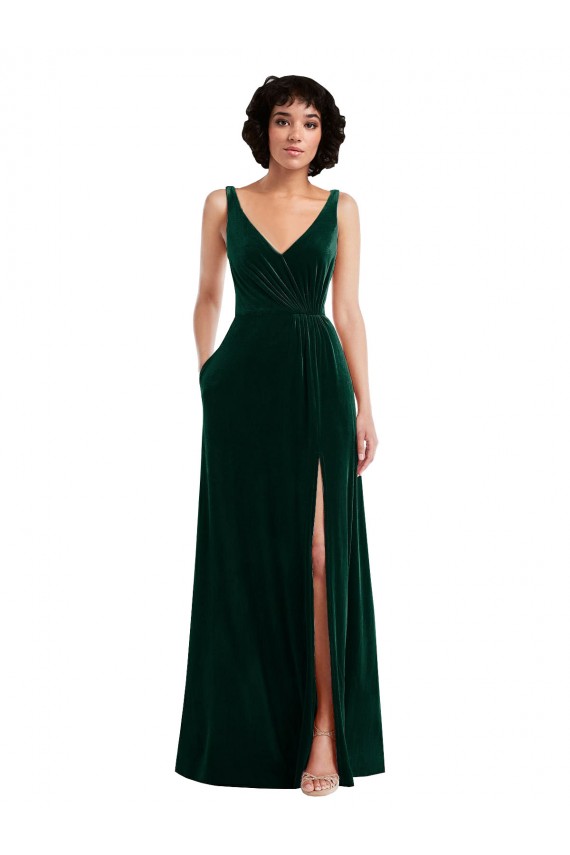 Floor Length Velvet Maxi Prom Dress with Shirred Bodice and Front Slit