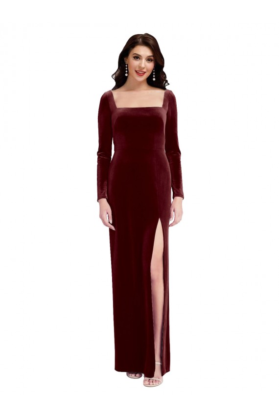Sleek Square Neck Spaghetti Straps Velvet Prom Dress with Side Slit