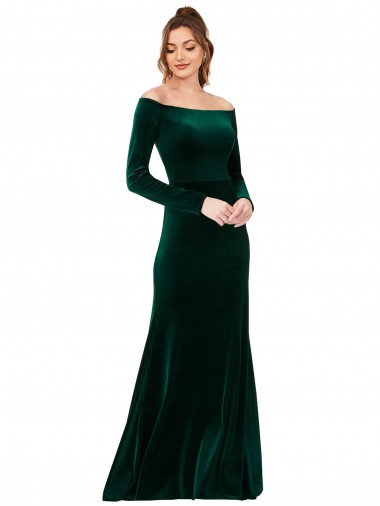 Buy Off the Shoulder Long Sleeves Stretch Velvet Prom Dress UK