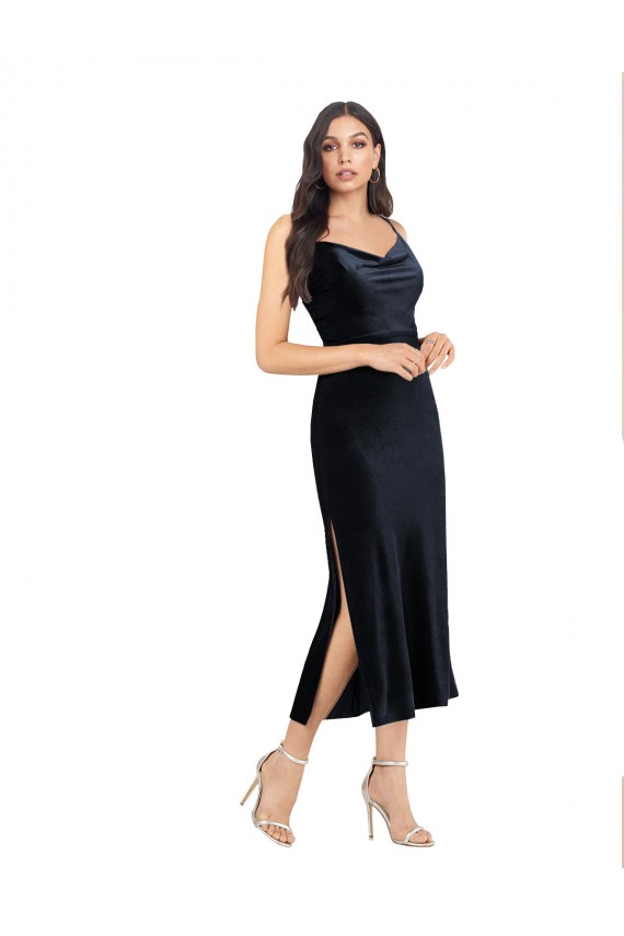 Midi Length Velvet Cocktail Prom Dress / Homecoming Dress with Cowl Neck and Spaghetti Straps