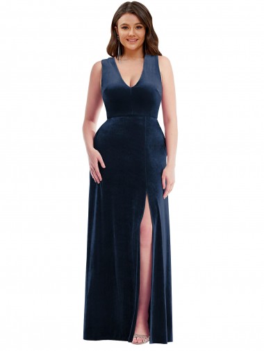 Buy Deep V-Neck Sleeveless Velvet Maxi Prom Dress with Pockets UK